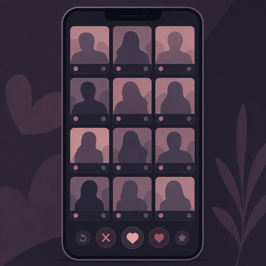 a phone showing a grid of anonymous, abstracted dating profiles