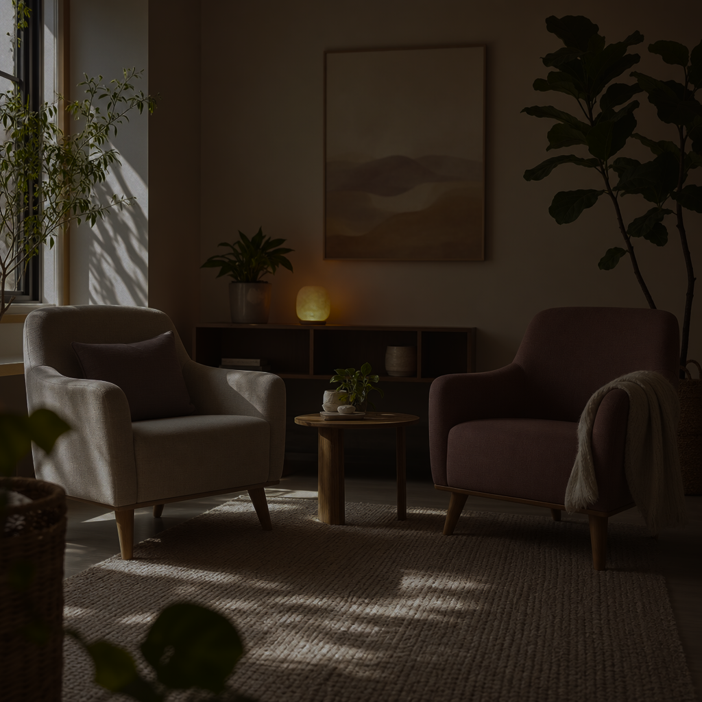 a quiet, welcoming therapy space representing poly-affirming counselling