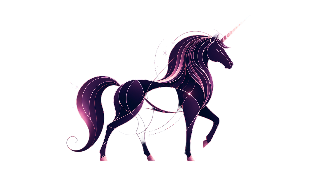 a stylised unicorn motif on a deep plum background